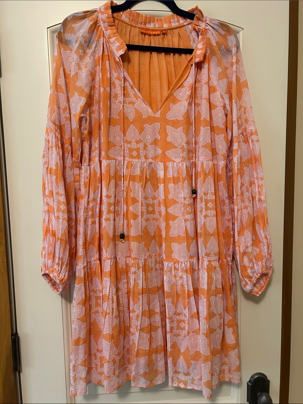 Oliphant Tigerlily Orange and White Floral Tiered Dress. Balloon Sleeve & Pleats